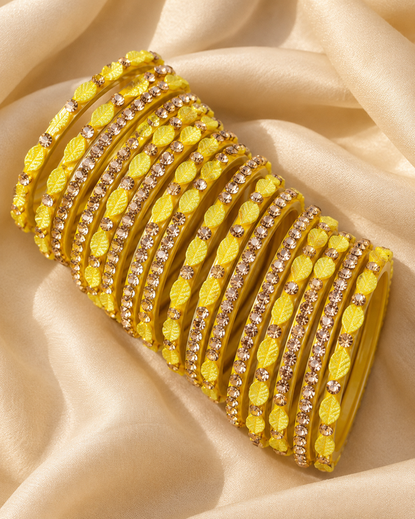 🍀Glow Yellow Leaf Glass Bangle Set | Stone-Studded