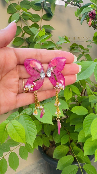 Butterfly Wing Drop Earrings — Real Bougainvillea Petals · Gold Chain · Pearl · Crystal | Eternal Garden by Zahvana