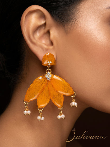 Marigold Petal Drop Earrings — Real Pressed Petals · Pearl Drops · Crystal · Hand