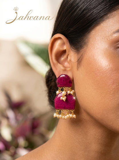 Rose Petal Jhumki Earrings — Real Pressed Petals · Pearl Fringe · Two-Tier | Eternal Garden by Zahvana