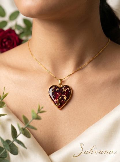 Rose Heart Necklace — Real Rose Petals · Gold Foil · Deep Burgundy Resin · Handcrafted