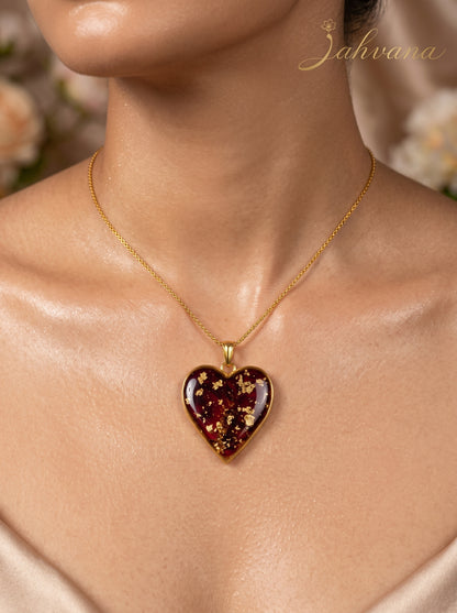 Rose Heart Necklace — Real Rose Petals · Gold Foil · Deep Burgundy Resin · Handcrafted