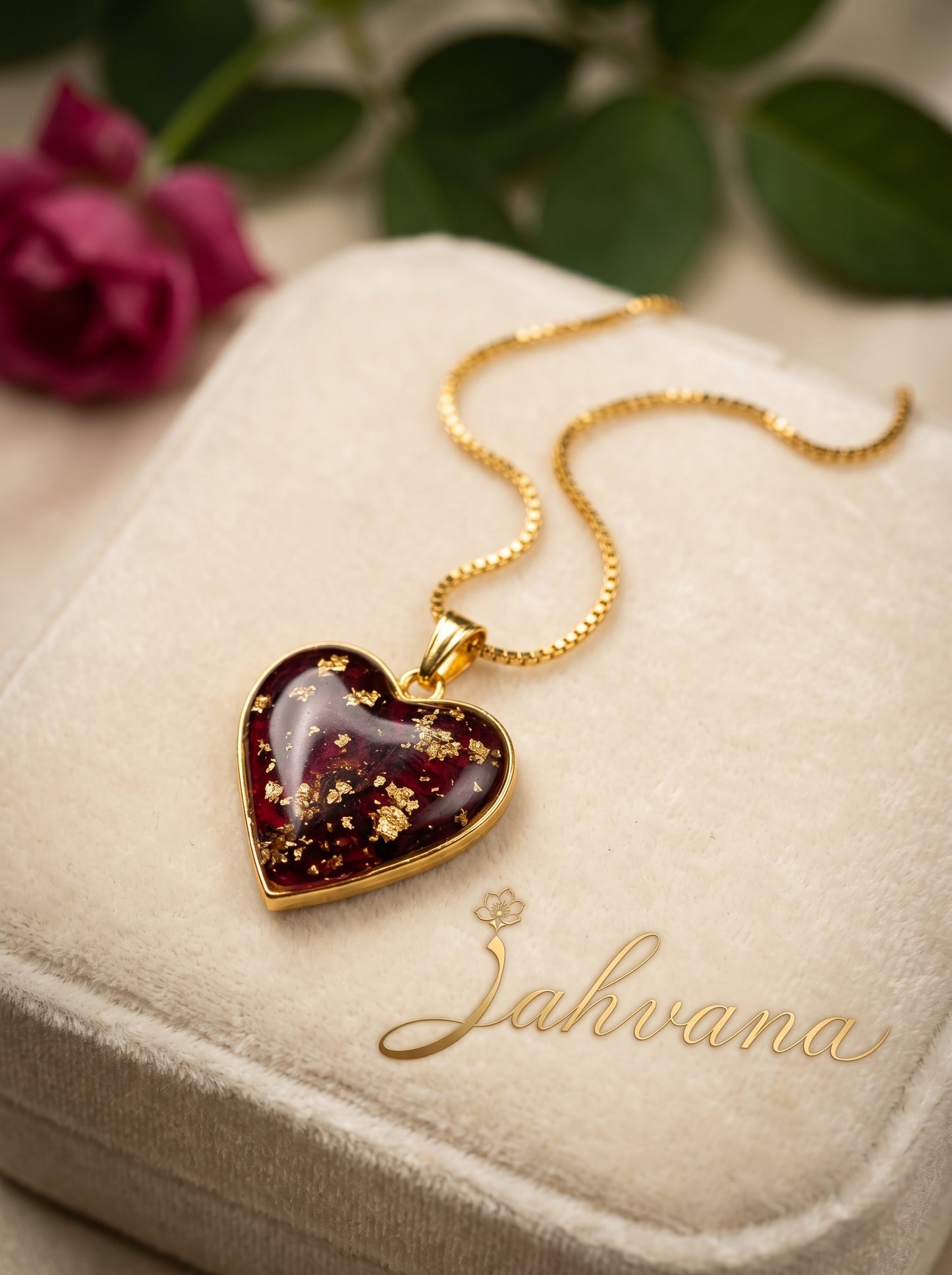 Rose Heart Necklace — Real Rose Petals · Gold Foil · Deep Burgundy Resin · Handcrafted