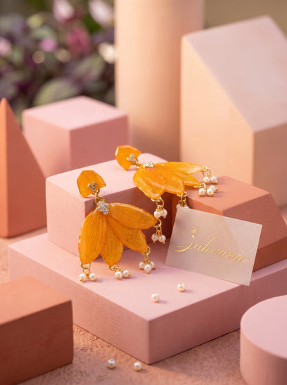 Marigold Petal Drop Earrings — Real Pressed Petals · Pearl Drops · Crystal · Hand