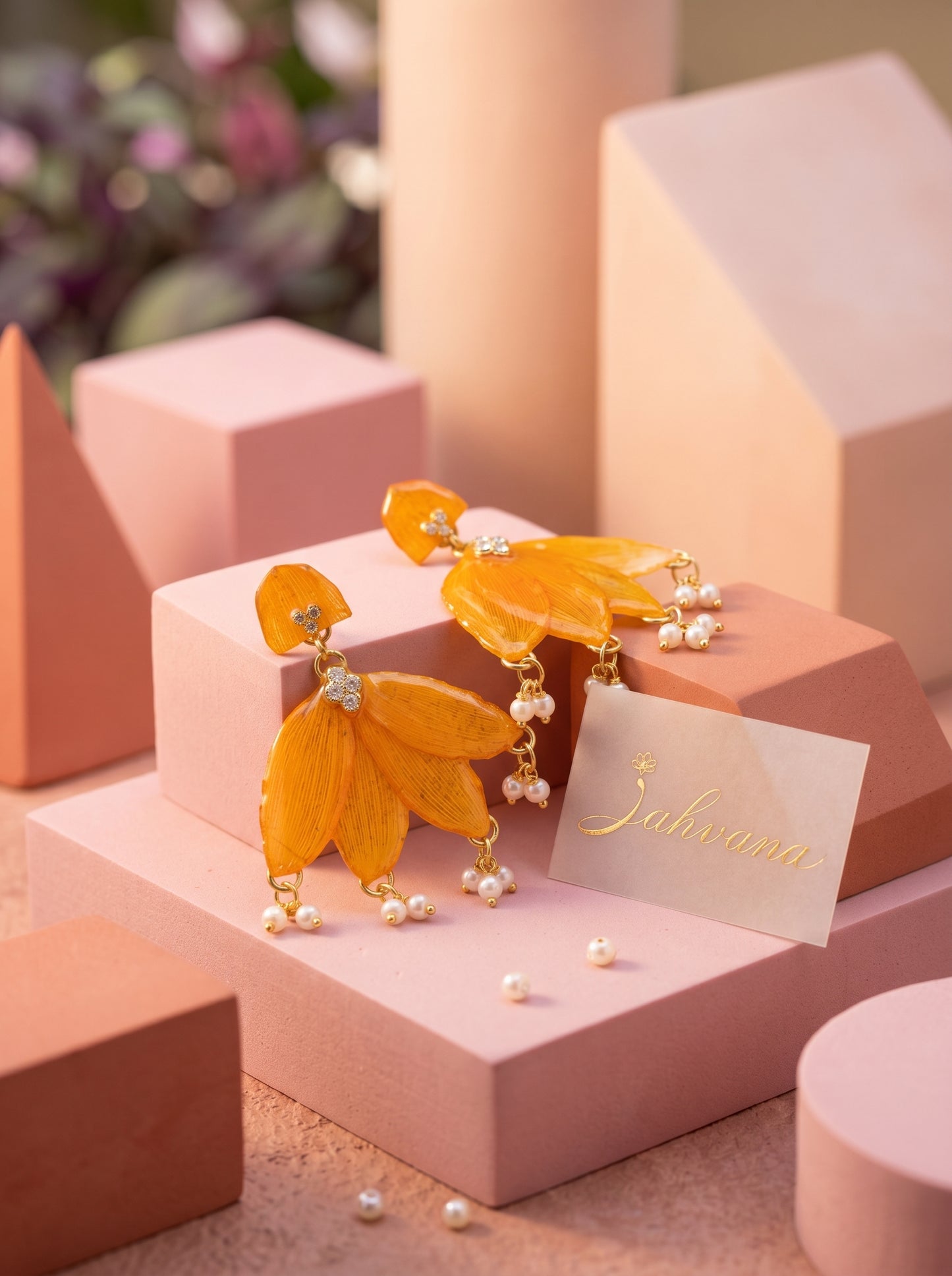 Marigold Petal Drop Earrings — Real Pressed Petals · Pearl Drops · Crystal · Hand