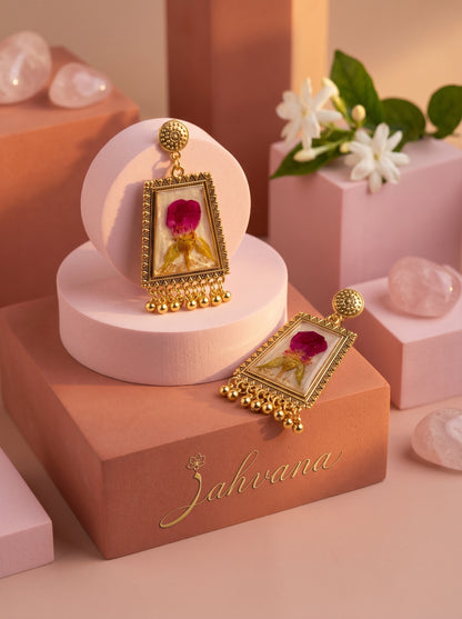 Rose Petal Frame Earrings — Real Pressed Rose · Antique Gold Frame · Ghungroo Drops | Eternal Garden by Zahvana