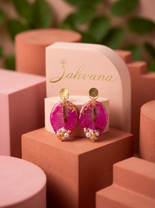 Rose Petal Oval Earrings — Real Pressed Petals · Gold Foil · Pearl Cluster · Handcrafted