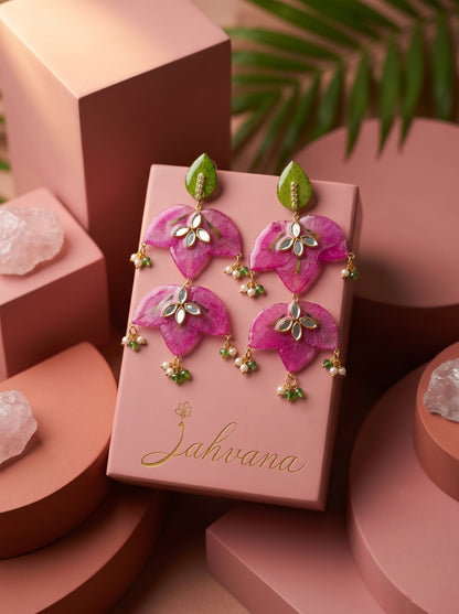 Bougainvillea Chandelier Earrings — Real Pressed Petals · Kundan · Pearl Drops · Handcrafted