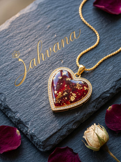 Rose Heart Necklace — Real Rose Petals · Gold Foil · Deep Burgundy Resin · Handcrafted