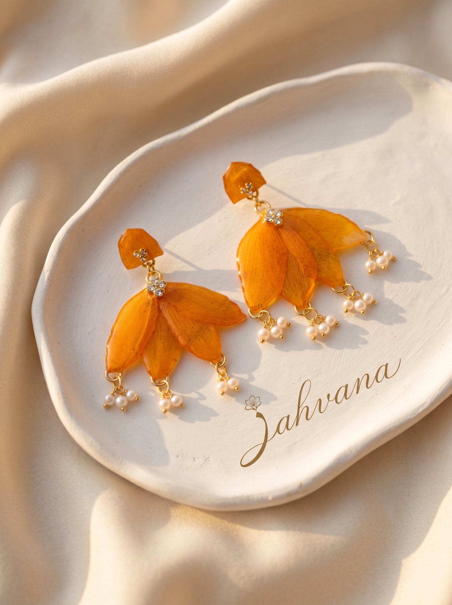 Marigold Petal Drop Earrings — Real Pressed Petals · Pearl Drops · Crystal · Hand
