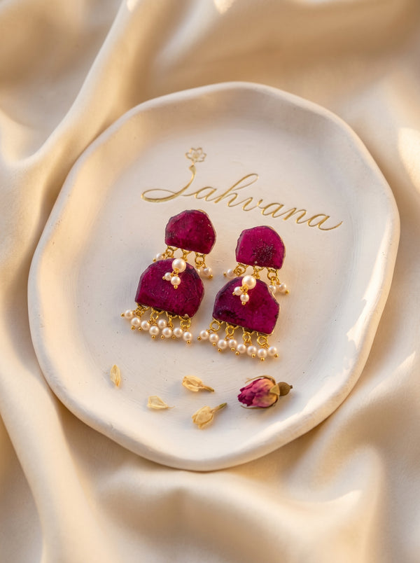 Rose Petal Jhumki Earrings — Real Pressed Petals · Pearl Fringe · Two-Tier | Eternal Garden by Zahvana