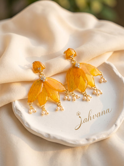 Marigold Petal Drop Earrings — Real Pressed Petals · Pearl Drops · Crystal · Hand