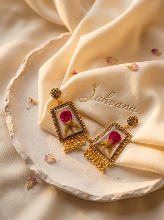 Rose Petal Frame Earrings — Real Pressed Rose · Antique Gold Frame · Ghungroo Drops | Eternal Garden by Zahvana