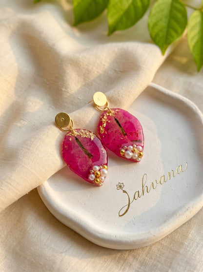 Rose Petal Oval Earrings — Real Pressed Petals · Gold Foil · Pearl Cluster · Handcrafted