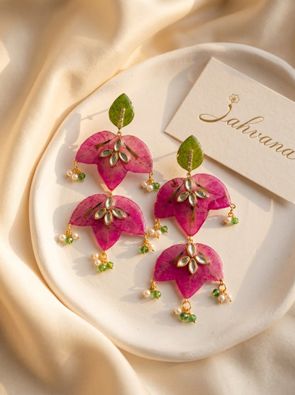 Bougainvillea Chandelier Earrings — Real Pressed Petals · Kundan · Pearl Drops · Handcrafted