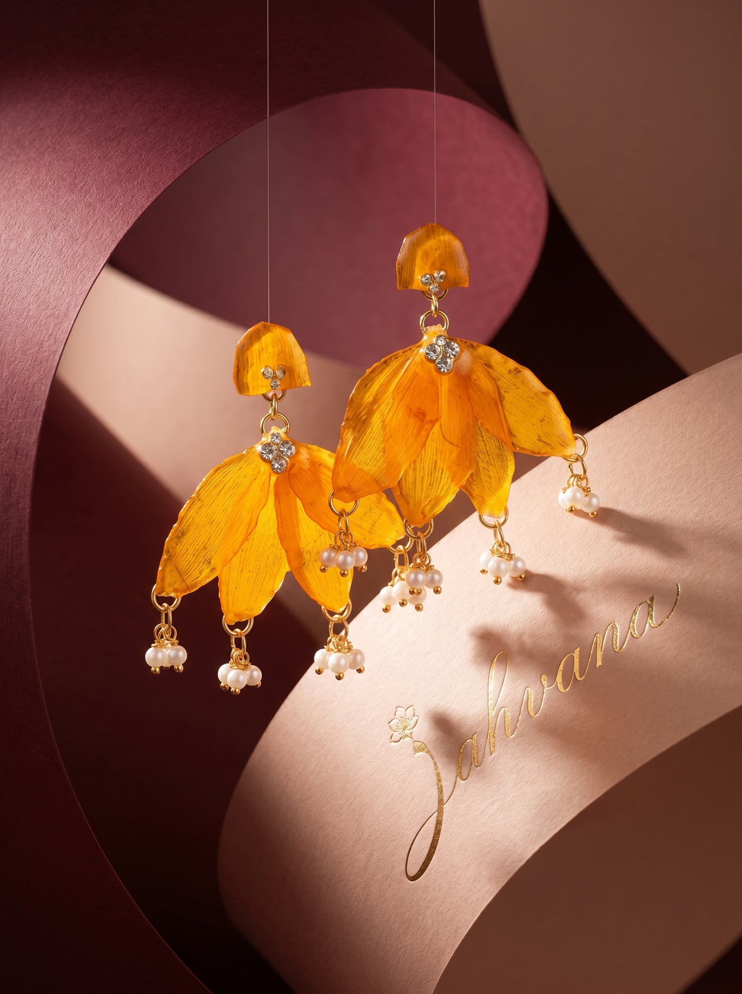 Marigold Petal Drop Earrings — Real Pressed Petals · Pearl Drops · Crystal · Hand