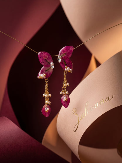Butterfly Wing Drop Earrings — Real Bougainvillea Petals · Gold Chain · Pearl · Crystal | Eternal Garden by Zahvana
