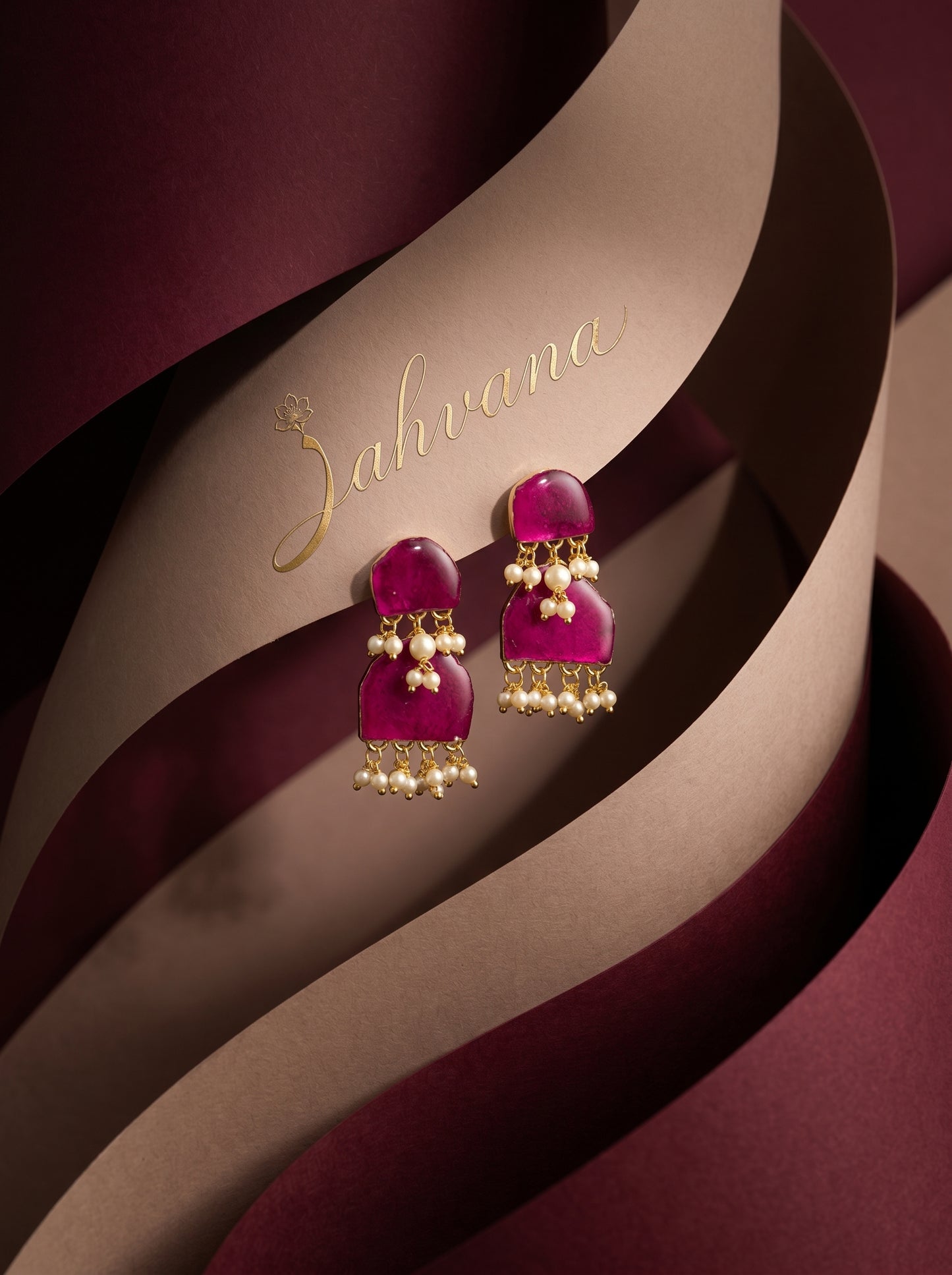 Rose Petal Jhumki Earrings — Real Pressed Petals · Pearl Fringe · Two-Tier | Eternal Garden by Zahvana