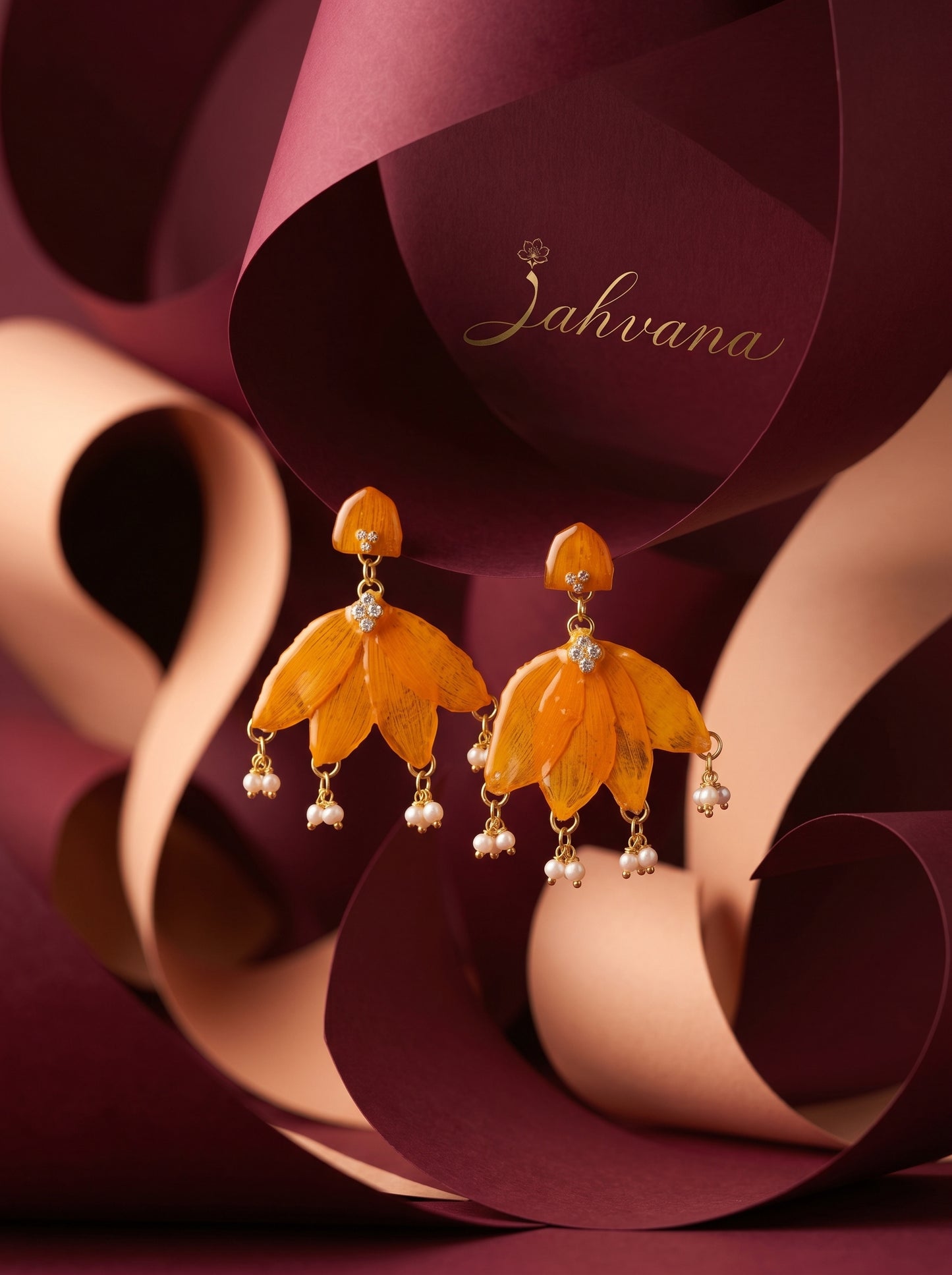 Marigold Petal Drop Earrings — Real Pressed Petals · Pearl Drops · Crystal · Hand