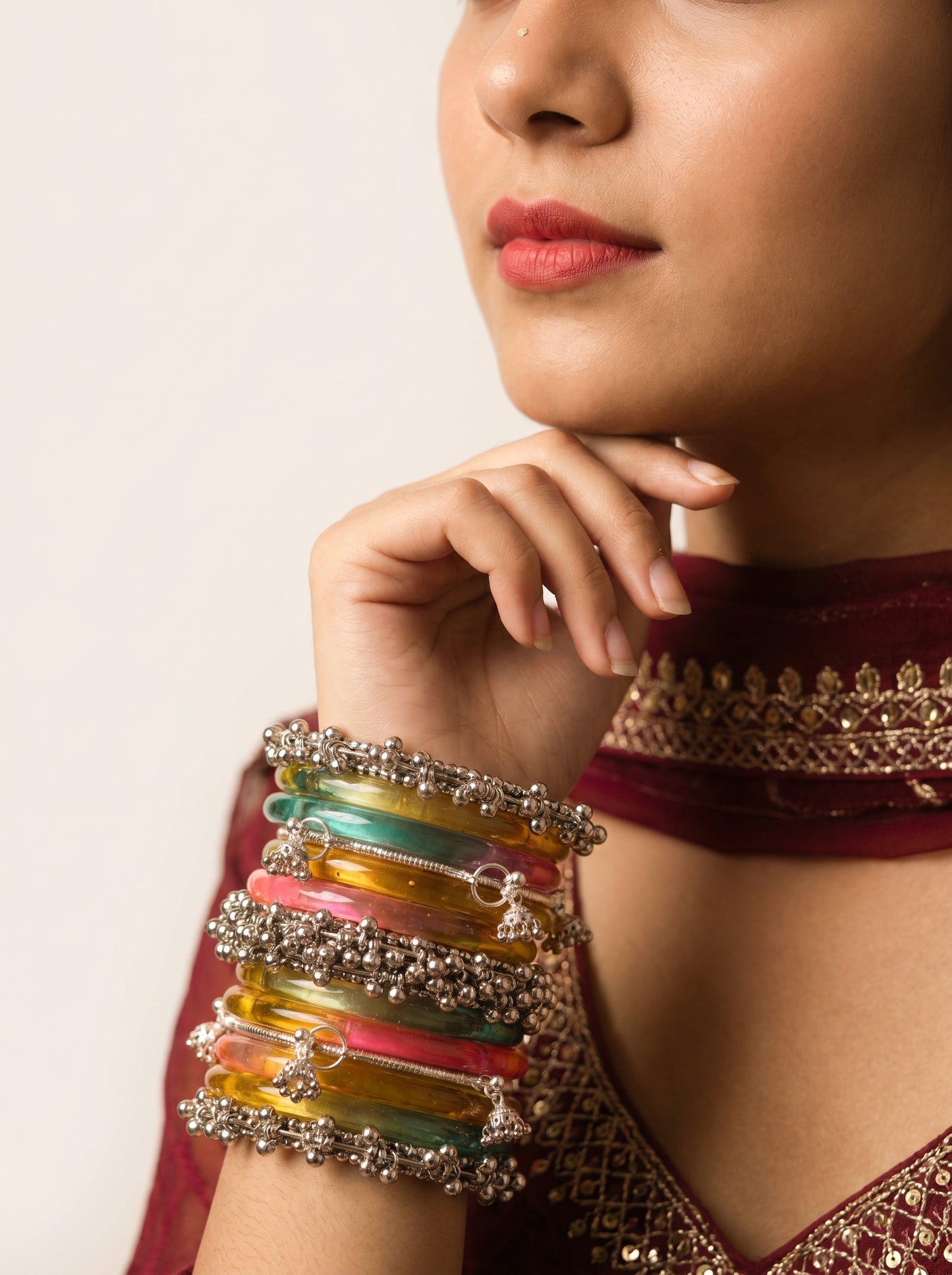 Multicolor Jelly Bangles Set with Oxidized Silver Charms for Women & Girls