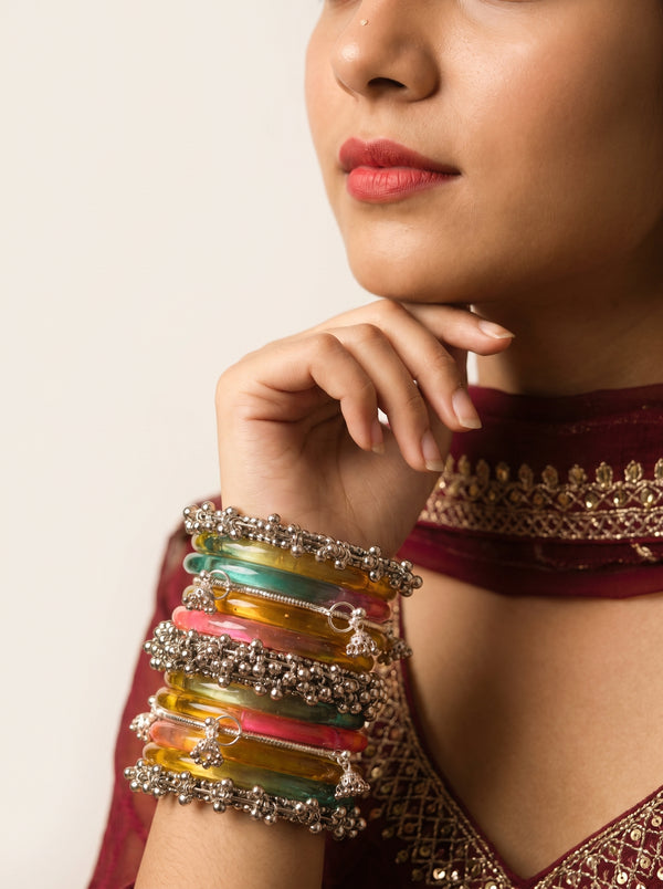 Multicolor Jelly Bangles Set with Oxidized Silver Charms for Women & Girls